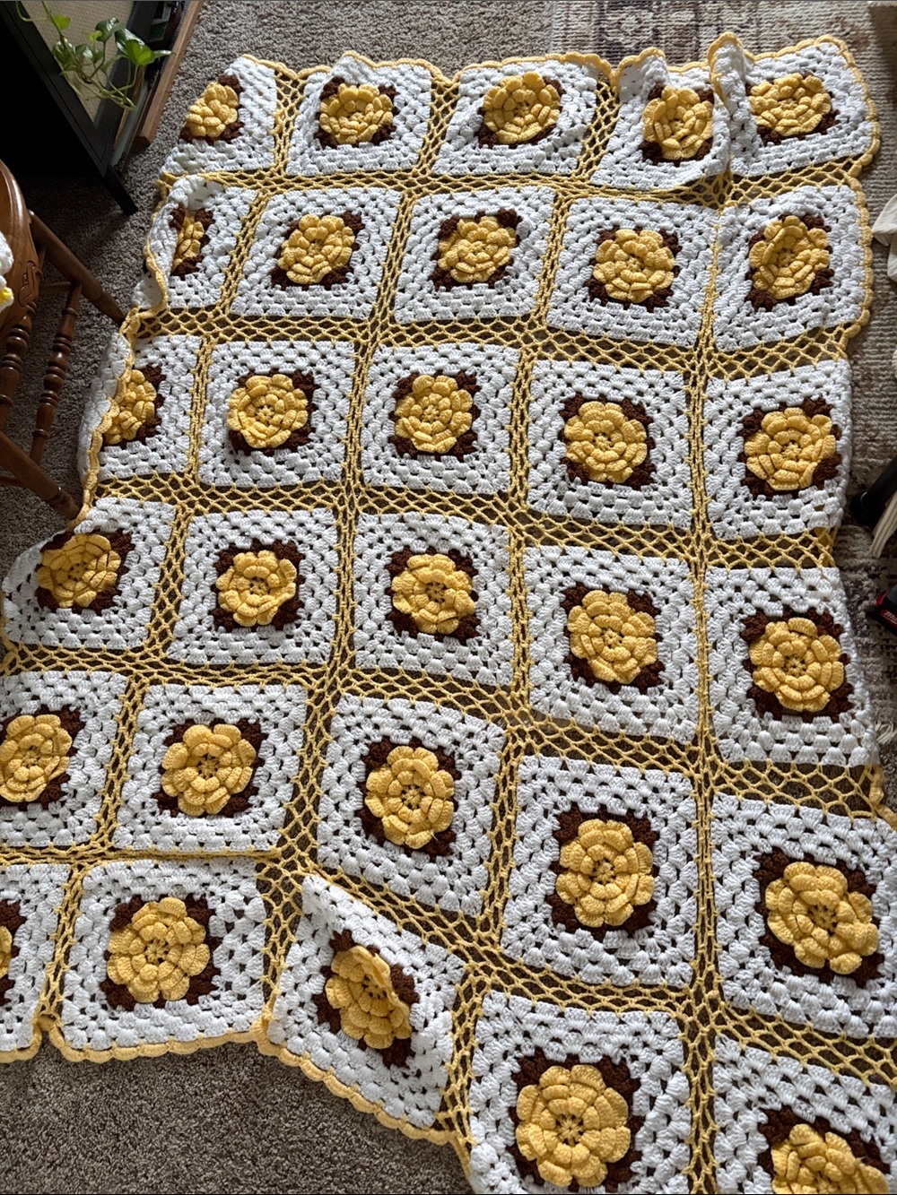 Raised Granny Square Handmade Crochet Afghan Roses Yellow Blanket